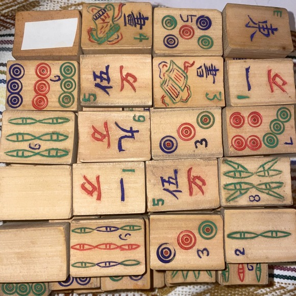Antique Japanese Mah Jong Game 1920s Wood Tiles Bovine Dice Discs And Sticks - Picture 9 of 16
